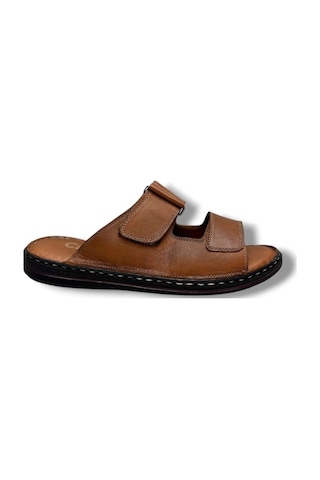 Cakgo 182-26 Hakiki Deri Ultra Soft Çift Bant Cırtlı Anatomik Erkek Terlik 40-47 Taba