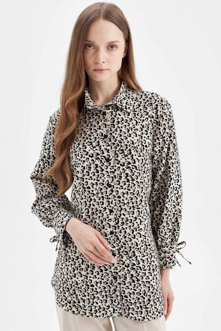 Defacto Relax Fit Leopar Desenli Uzun Kollu Gömlek Tunik D2608AX24AUBG702 Bej