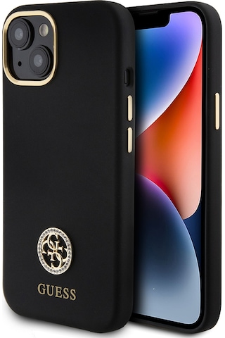 Apple Uyumlu iPhone 15 Kılıf Guess Lisanslı Yazı Ve Taşlı 4g Logolu Metal Kamera Çerçeveli Silikon Kapak Siyah
