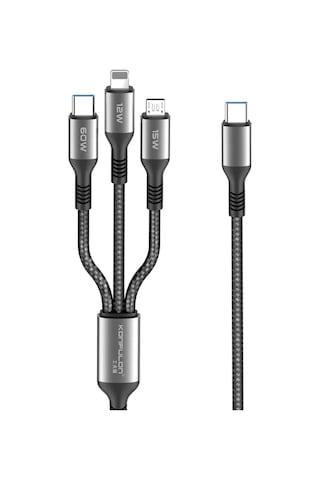 Mey İthalat Dc62 3in1 Type-c To 60w Type-c / 12w Lightning / 15w Micro 1.2m Hızlı Şarj Kablo - Siyah Standart