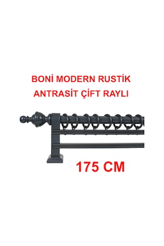 Boni Modern Rustik Ahşap Rustik Perde Askısı Çift Raylı-antrasit 175 Cm Antrasit