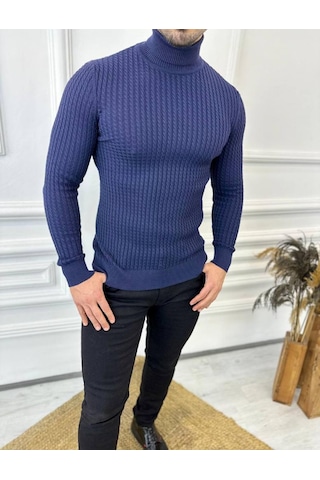 Kazak Slim Fit Tüylenmez Naturel Pamuk Triko Boğazlı Balıkçı Yaka Kazak Lacivert