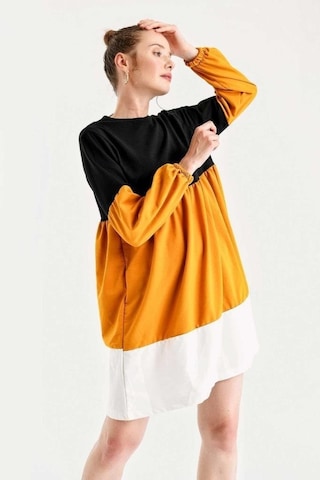 Gabria Kadın Büzgülü Renkli Elbise Siyah-Hardal Hardal - Siyah