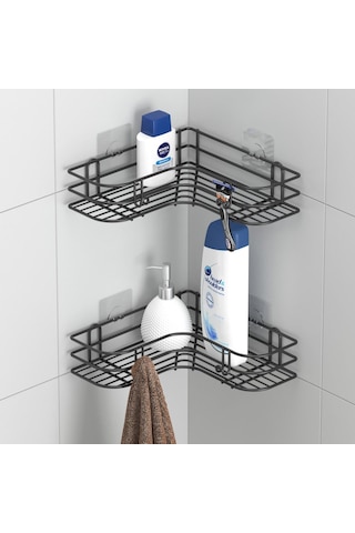 Teknotel Yapışkanlı Kancalı 2 Adet Banyo Köşe Rafı Siyah St276 Çok Renkli