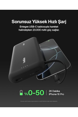 Belkin Taşınabilir Şarj Cihazı, 20k Entegre Kablolu Taşınabilir G