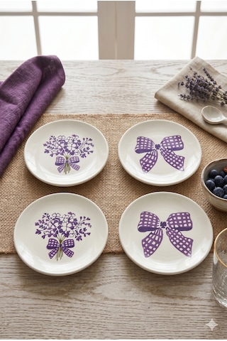 Lila Gift 4 Lü Seramik Tatlı Tabağı 16 Cm Lila Çiçek Desenli Pasta Kahvaltı Sunum Tabak Seti Şık Beyaz