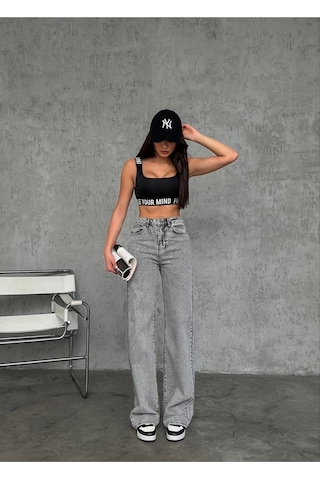 Wide-leg Geniş Paça Grey Snow Wash Denim Pantolon Gri