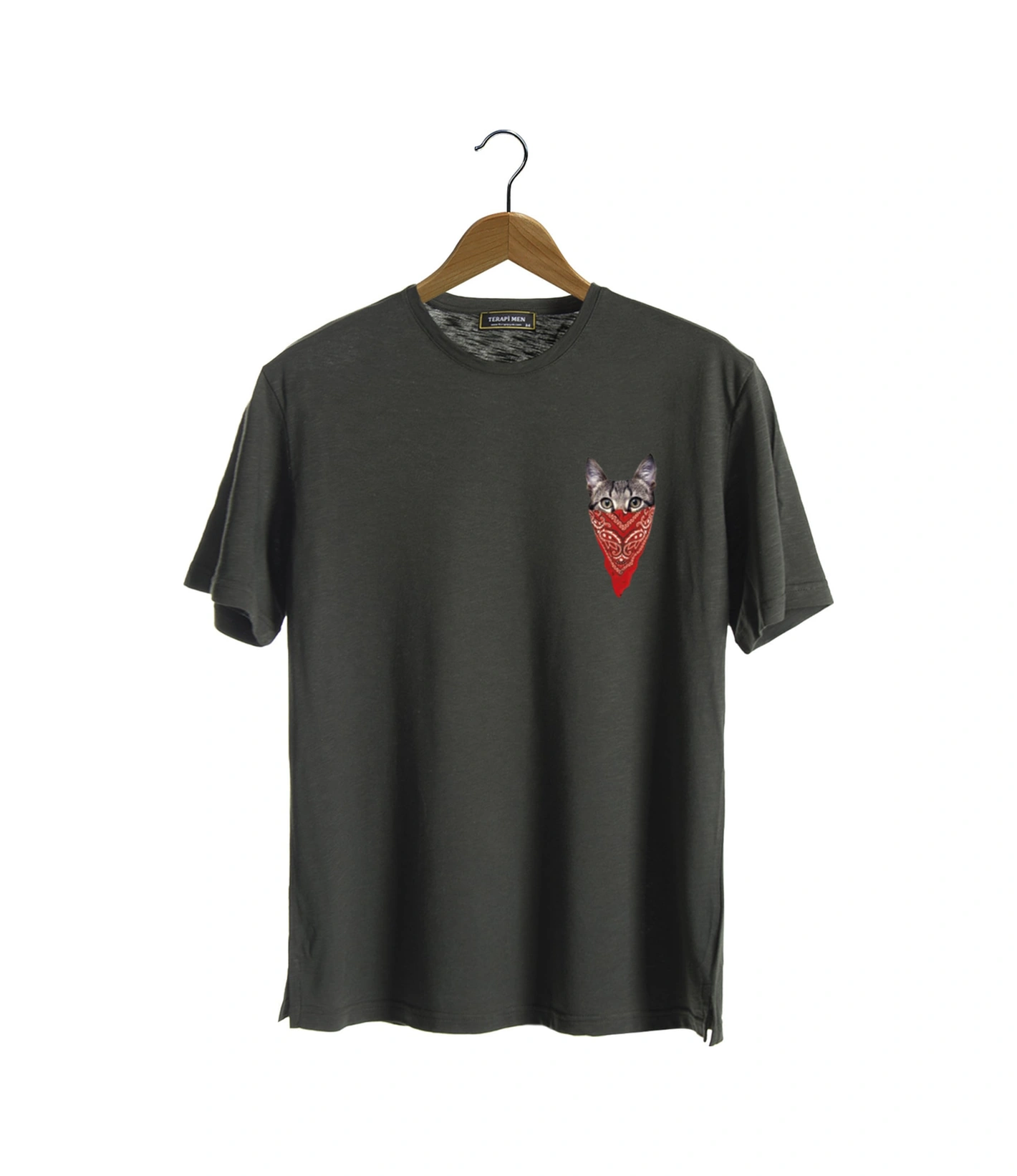 Veaven Unisex Koyu Yeşil Bisiklet Yaka Önü Maskeli Kedi Baskılı Oversize T-shirt Koyu Yeşil