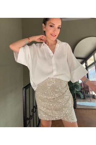 Ali Butik Krem Pul Payet Anvelop Mini Etek