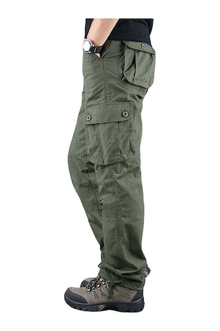Aşınmaya Dayanıklı Çok Cepli Düz Bol Büyük Beden İş Pantolonu Ordu Yeşili