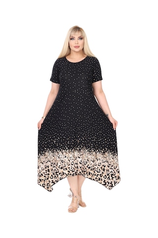 Melsay Butik Siyah Puanlı Eteği Leopar Desen Asimetrik Kısa Kollu Elbise Siyah