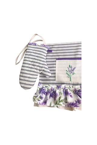 Lavanta Nakışlı, Fırfırlı, Buldan Keten Fırın Önlüğü Örtüsü Ve Eldiveni