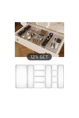 Meleni Home Dolap İçi Takı Makyaj Organizer Çekmece İçi Düzenleyici Set 12'li Şeffaf