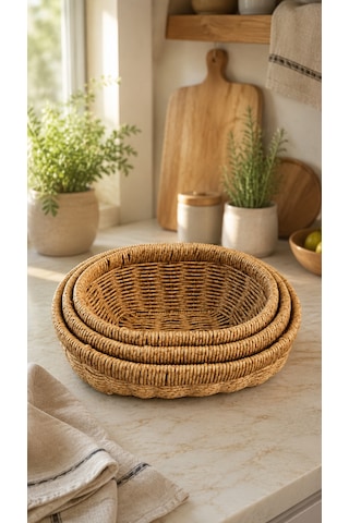 3'lü Oval Hasır Sunumluk Sepet Badya Leğen Tabak Kase - Masaüstü Organizer Rattan Sunum Meyvelik - Ekstra Kaliteli Çelik Rattan