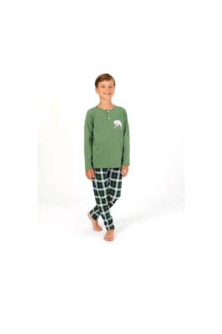 Vitmo Erkek Çocuk Uzun Kollu %100 Pamuklu Düğme Detaylı Pijama Takımı Everest Yeşil