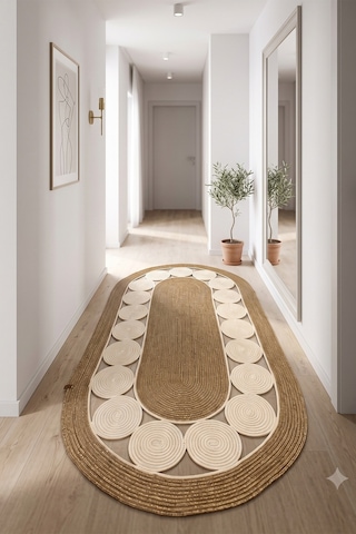 Jüt Hasır Oval Kilim Dekoratif Örgü Model Halı Salon Oturma Odası Mutfak Koridor Yatak Odası Banyo Balkon Yolluk Bohem Ev Dekoru 233hasırkrem