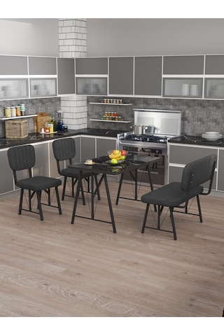 Hayat 70x110 Bendir Mutfak Masası, Mutfak Masası Takımı, Yemek Masası, 2 Sandalye 1 Bench - Antrasit Antrasit