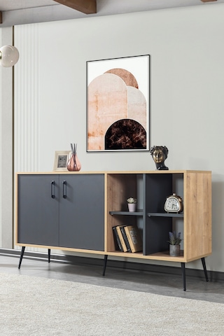 4609 Şile Metal Ayaklı Metal Kulplu 160 Cm Konsol - Yemek Odası Antrasit - Safir Antrasit - Safir