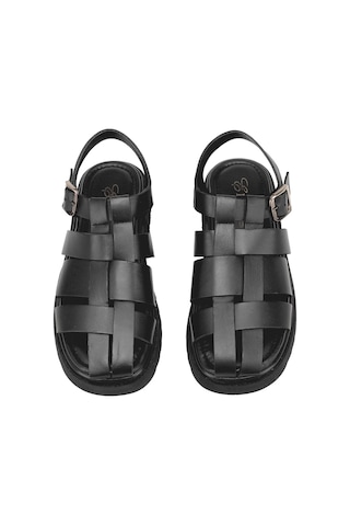 Elit Nerina Kadın Hakiki Deri Ortopedik Düz Sandalet Siyah Siyah