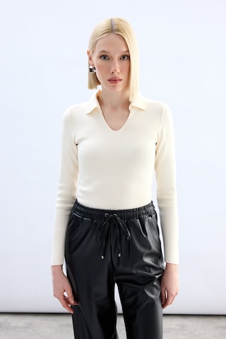 Sateen Polo Yaka Triko - Ekru-132061 Ekru