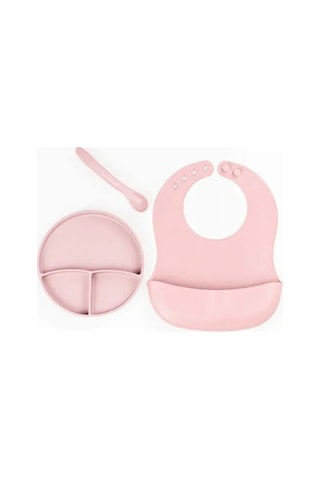Pembe 3 Lü Silikon Yemek Seti Önlük + Diş Kaşıyıcılı Kaşık + Vakumlu Tabak