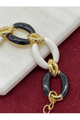 Siyah Beyaz Renkli Altın Detaylı Halka Şekilli Gold İthal Bileklik Gold