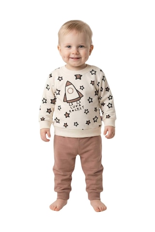 Baglan Erkek Çocuk Önü Baskılı Sweatshirt Ve Eşofman Alt Takım Bgl-st05253 Açık Kahverengi