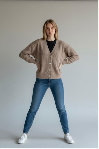 Bohem Stil Şardonlu Pamuklu Boncuklu Hırka Camel