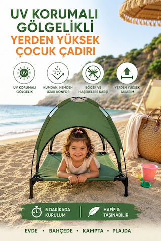 Reyo Oxford Uv Korumalı Gölgelikli Çadır, Plaj, Kamp, Bahçe Oyun Çadırı, Yerden Yüksek Uyku Çadırı 83x62x80 Cm Yeşil