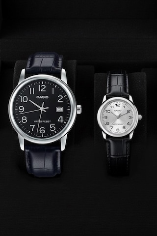 Casio Ltp-v002l-7budf-mtp-v002l-1budf Çift Saat Seti Siyah Deri Kordon Erkek Kadın Kol Saati Gri