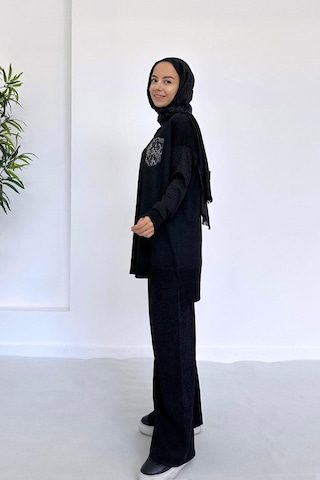 Kahijab Taşlı Cep Merserize Takım - Siyah