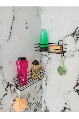 Yapışkanlı Kancalı 2 Adet Banyo Rafı Mat Siyah Banyo Duş Rafı Siyah