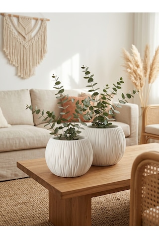 Kaveld Stone Calm El Yapımı Dekoratif Seramik Görünümlü Saksı Çizgi Kabartmalı Minimalist Iç Mekan Saksısı Salon Balkon Ofis Çiçeklik Ev Dekoru Beyaz