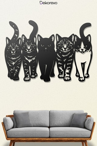 Kedi Çetesi Beşli Kedi Silüeti Metal Duvar Dekoru - Metal Duvar Sanatı - Siyah - 50 X 35 Cm