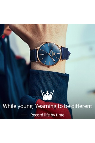 Olevs 5869 Erkekler İş Su Geçirmez Hakiki Deri Kayış Kuvars Saat Mavi + Mavi