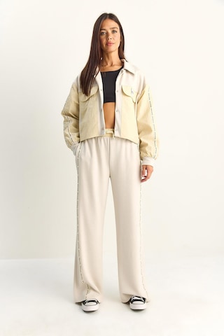Shade Kadın Şerit Detaylı Kontrast Dokulu Ceket Wide Leg Pantolon Takım 8075 60286154 - Bej