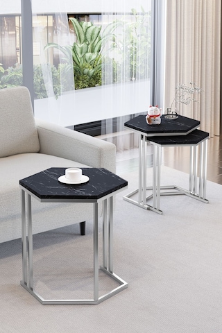 Tokyo 3'lü Zigon Sehpa Gümüş Metal - Siyah Mermer Tabla