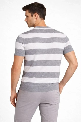 Vexor Erkek T-shirt Çizgili Triko Dokuma Bisiklet Yaka Tişört - Gri