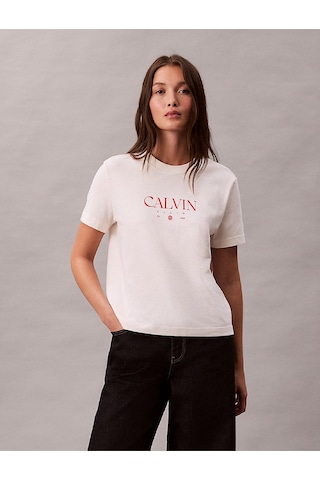 Calvin Klein Kadın Normal Kalıp Yuvarlak Yakalı Pamuklu Kısa Kollu Beyaz T-shirt Lv047e813g-ybh-12825 Beyaz