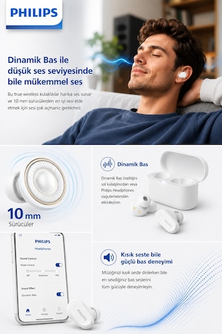 Philips Tat3509wt/00 True Wireless Bluetooth Kulaklık, Anc Pro 24 Saat Pil Bluetooth 5.3 Ipx4, Beyaz