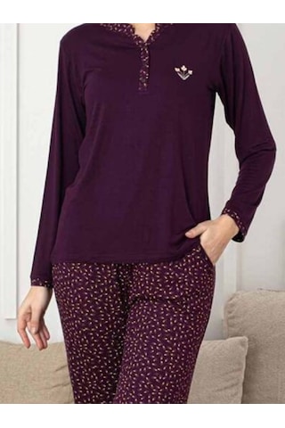 Kadın Mürdüm Desenli V Yaka 3 Düğmeli Likralı Viskon Mevsimlik Uzun Kol Pijama Takımı Mürdüm