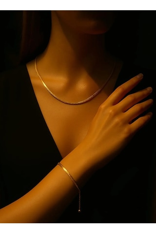 Altın Renk Italyan Zincir Kolye Ve Bileklik Takımı Altın