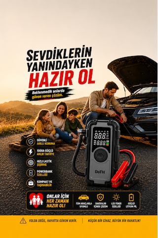 Akü Takviye Lastik Şişirme Pompası Powerbank Led Işıklı Dijital Gösterge Gerçek 8.000 Mah