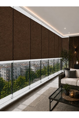 Plise Perde Kahverenk Kumaş + Beyaz Profil Kasa Cam Balkon Perdesi