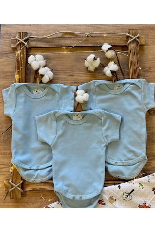 Betül Bebek Kısa Kollu 3'lü %100 Organik Pamuk Çıtçıtlı Bebek Body & Zıbın 3adet Mavi