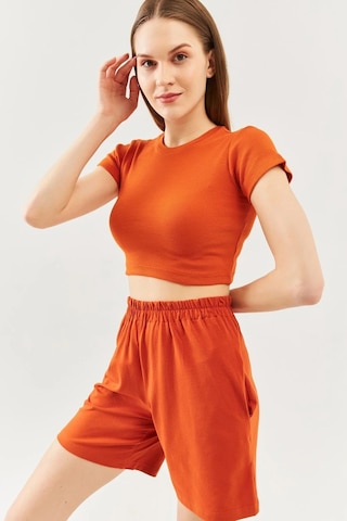 Kadın Kısa Kol Bisiklet Yaka Vücuda Oturan %100 Pamuklu Kaşkorse Esnek Crop Bluz Kiremit