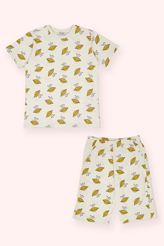 Panço Erkek Çocuk Desenli Şortlu Bej Pijama Takımı Krem