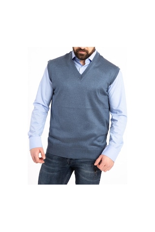 Nacar Store Erkek Indigo V Yaka Ince Yün Triko Örgü Tüylenmez Süveter İndigo