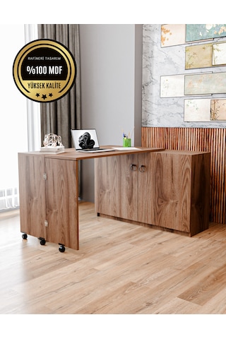Rafineri Flor Çalışma Masası Dolaplı Açılır Katlanır Masa Mdf Ceviz