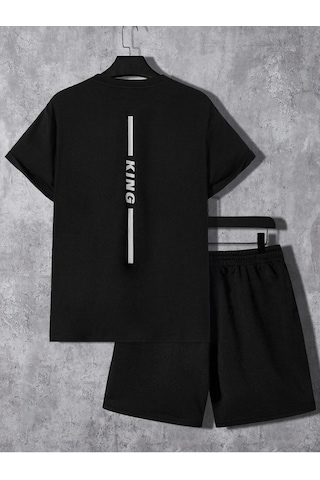 King Arka Yazı T-shirt Şort - Siyah Alt Üst Kombin Şort Tişört Takım Baskılı Oversize Bisiklet Yaka Siyah